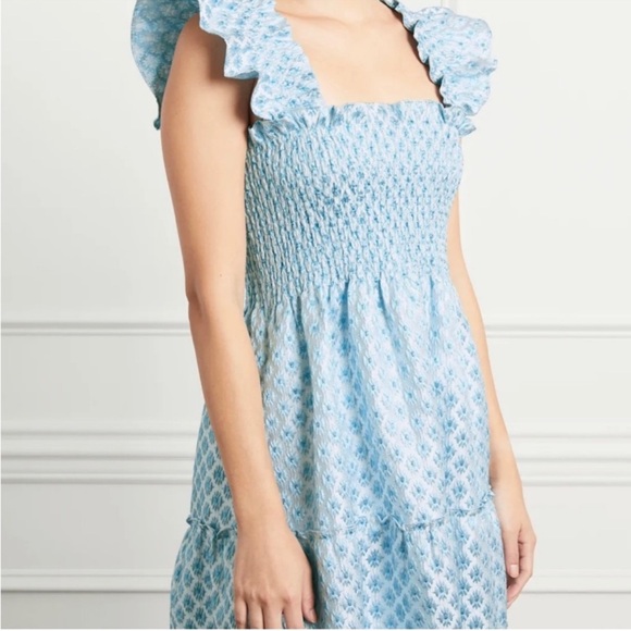 Hill House Ellie Nap Dress Snowflake Blue White Brocade Smocked Tiered Midi Sz S - Picture 9 of 13